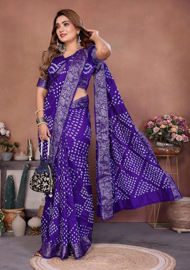 Violet Bandhej Silk Saree Set - Indya