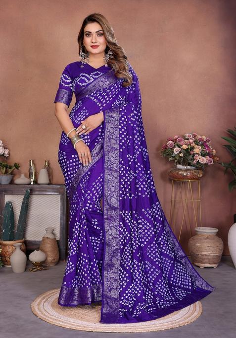 Violet Bandhej Silk Saree Set — view on Indya