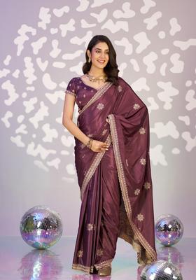 Purple Embroidery Crepe Saree Set