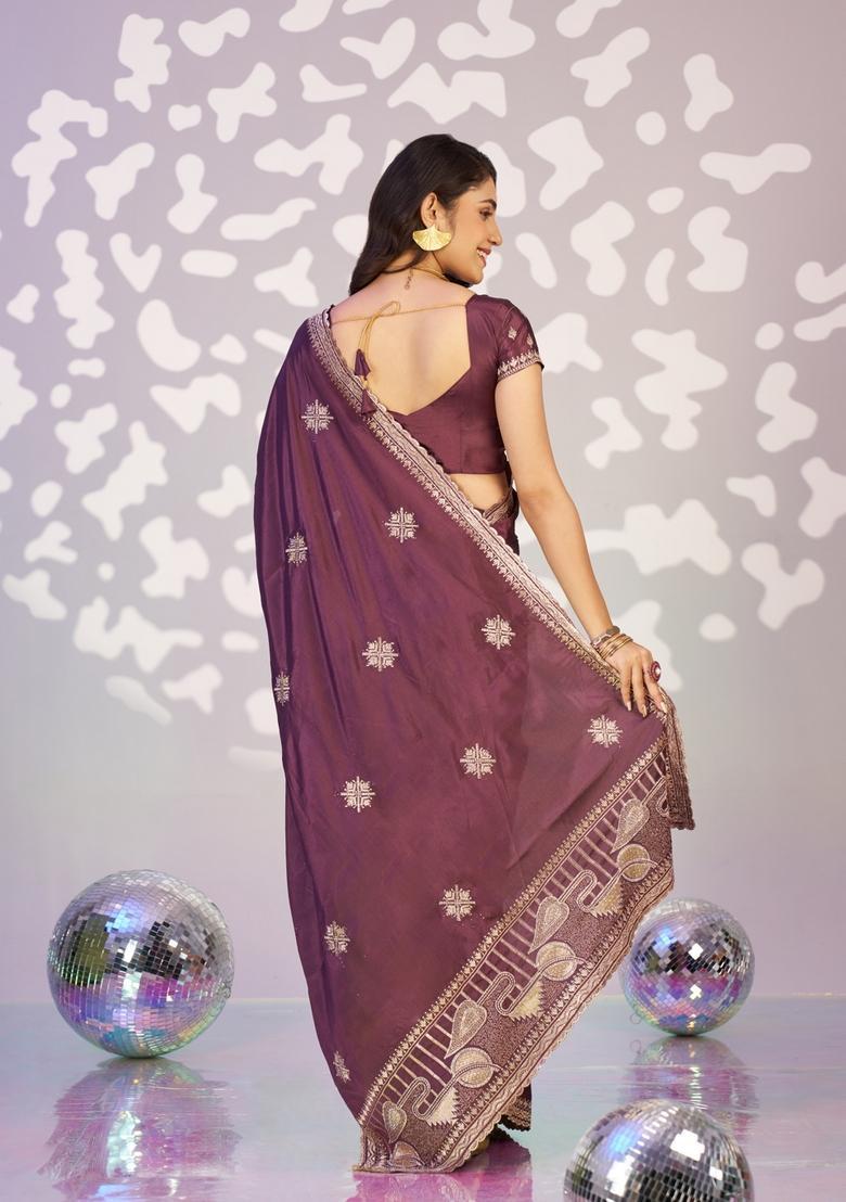 Purple Embroidery Crepe Saree Set - Indya