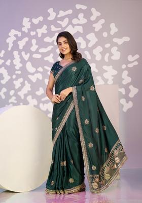 Green Embroidery Crepe Saree Set