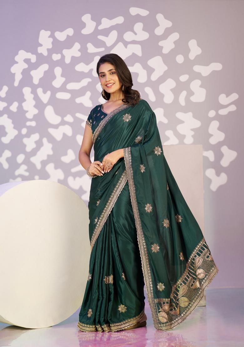 Green Embroidery Crepe Saree Set - Indya