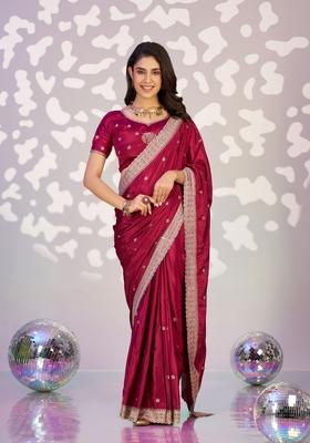 Red Embroidery Crepe Saree Set