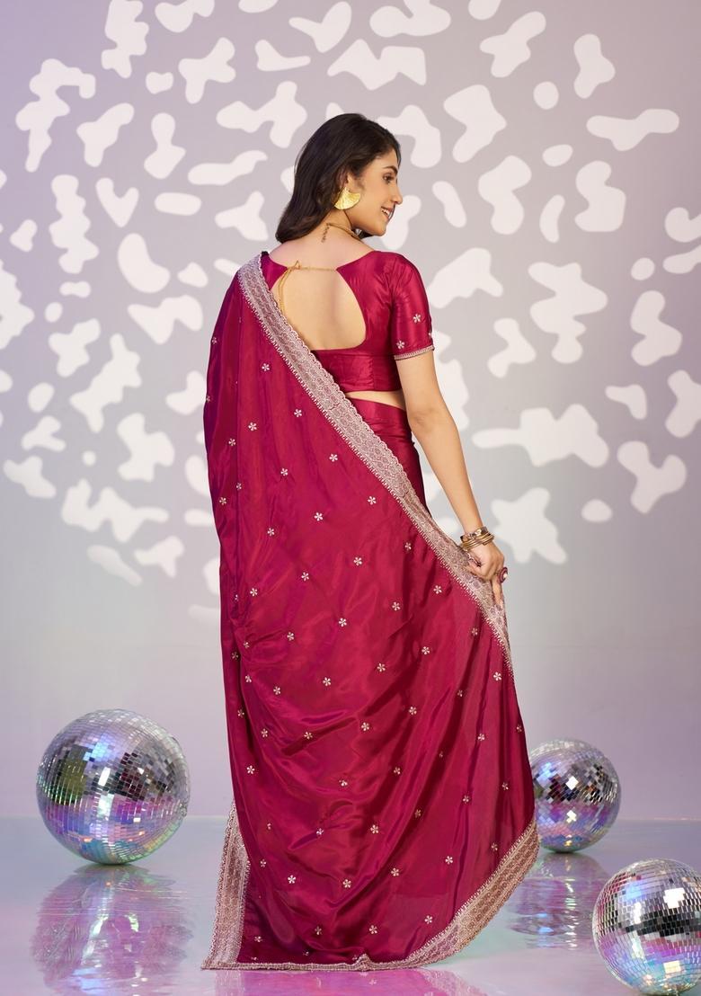 Red Embroidery Crepe Saree Set - Indya