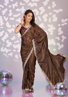 Brown Embroidery Crepe Saree Set