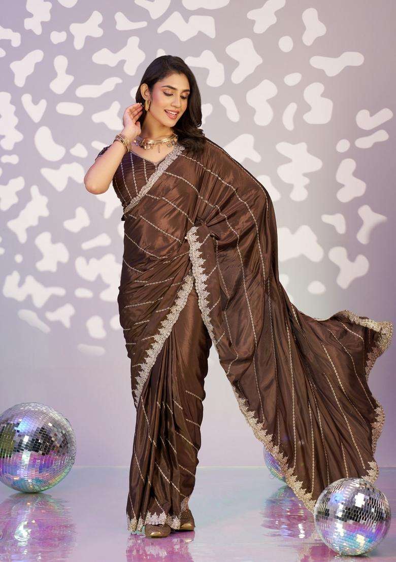 Brown Embroidery Crepe Saree Set for Diwali and Festive Wear - Indya