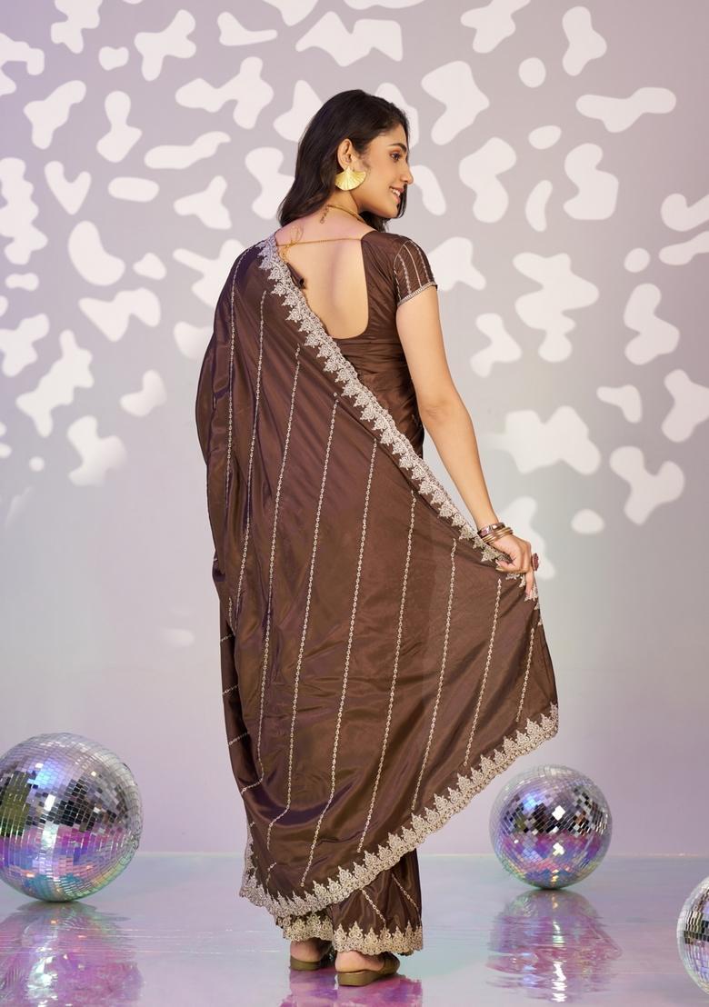 Brown Embroidery Crepe Saree Set - Indya