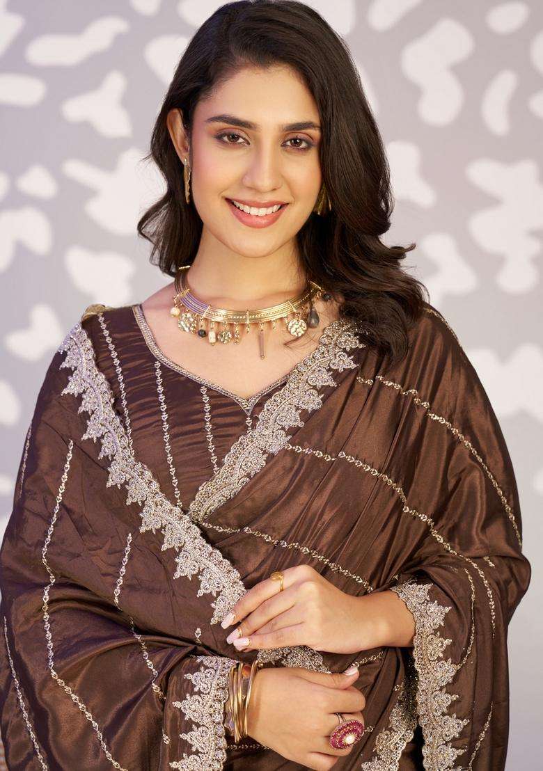 Brown Embroidery Crepe Saree Set for Diwali and Festive Wear - Indya