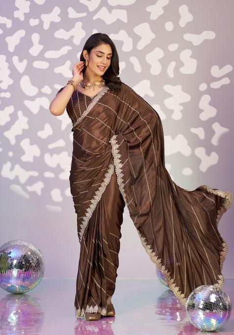 Brown Embroidery Crepe Saree Set