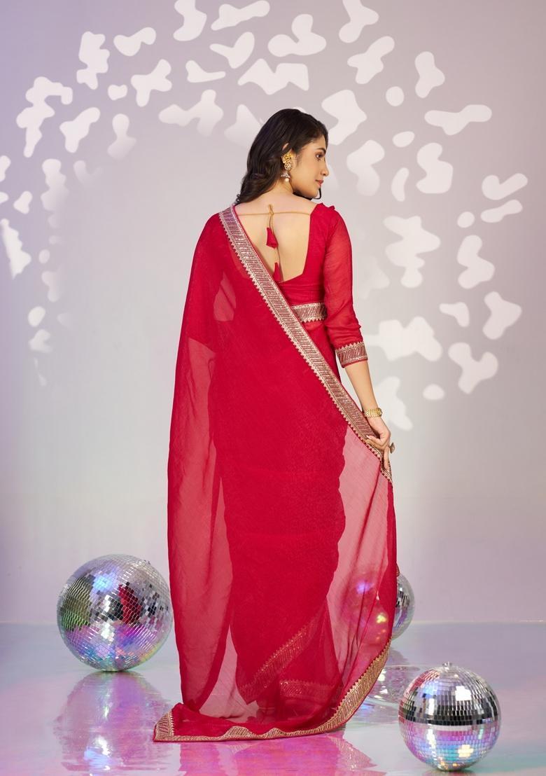Red Embroidery Silk Saree Set - Indya