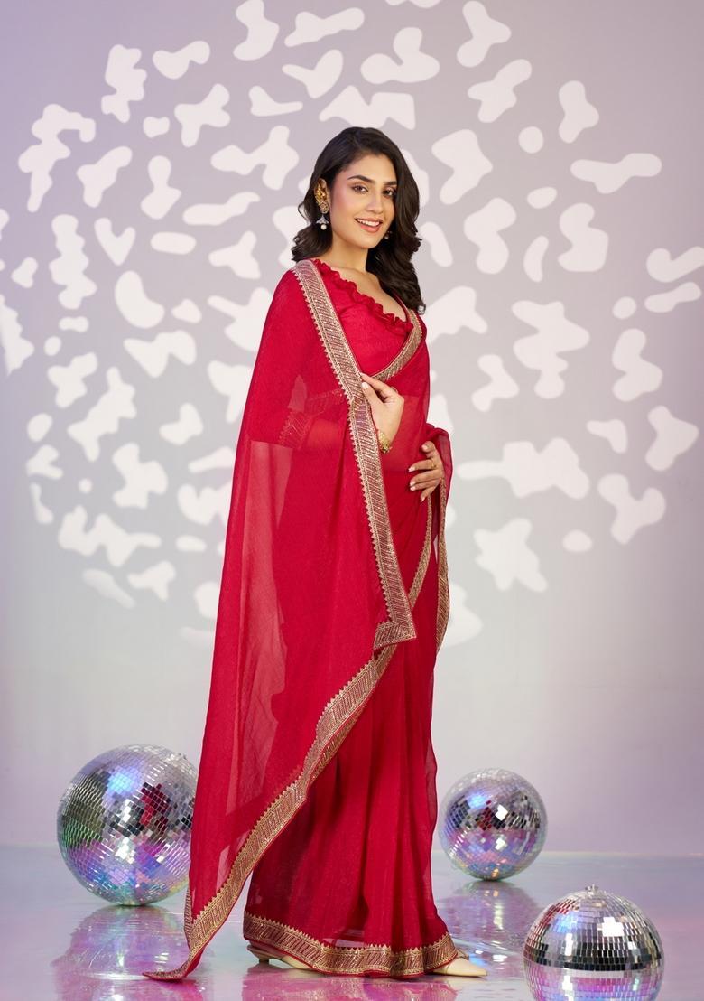 Red Embroidery Silk Saree Set - Indya