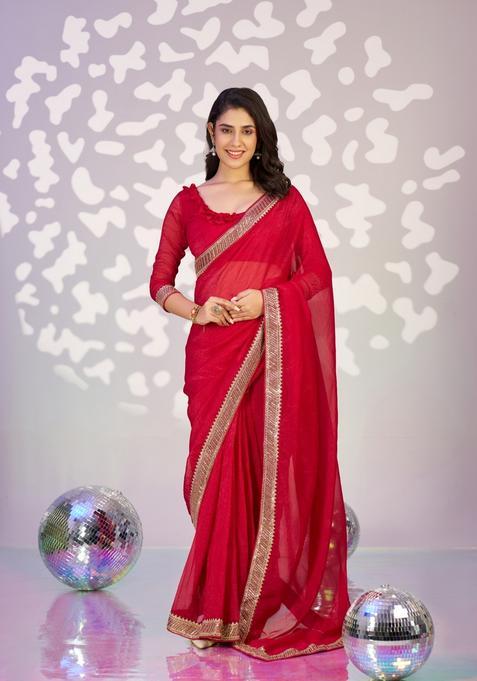 Red Embroidery Silk Saree Set — view on Indya