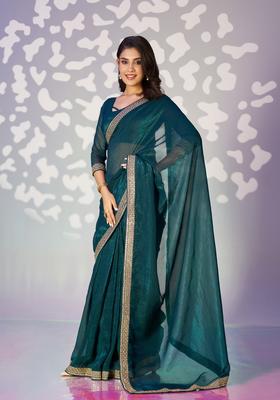 Teal Blue Embroidery Silk Saree Set