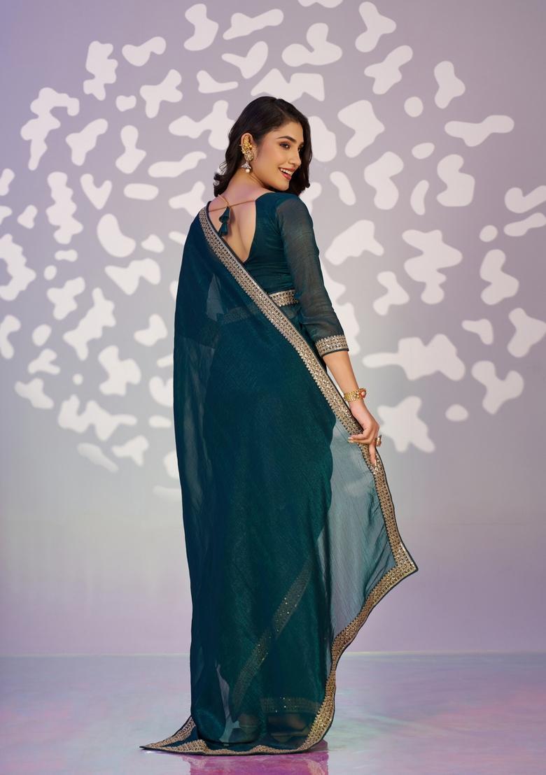Teal Blue Embroidery Silk Saree Set - Indya