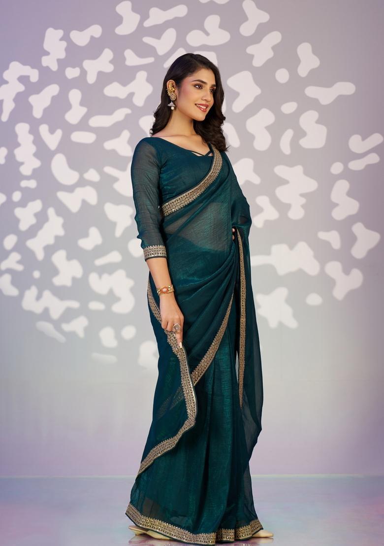 Teal Blue Embroidery Silk Saree Set - Indya