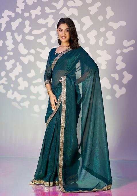 Teal Blue Embroidery Silk Saree Set