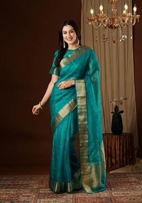 Blue Zari Work Organza Saree Set