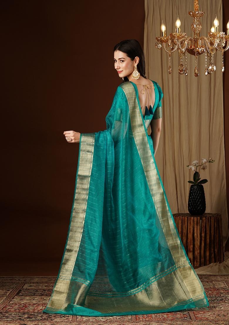 Blue Zari Work Organza Saree Set - Indya