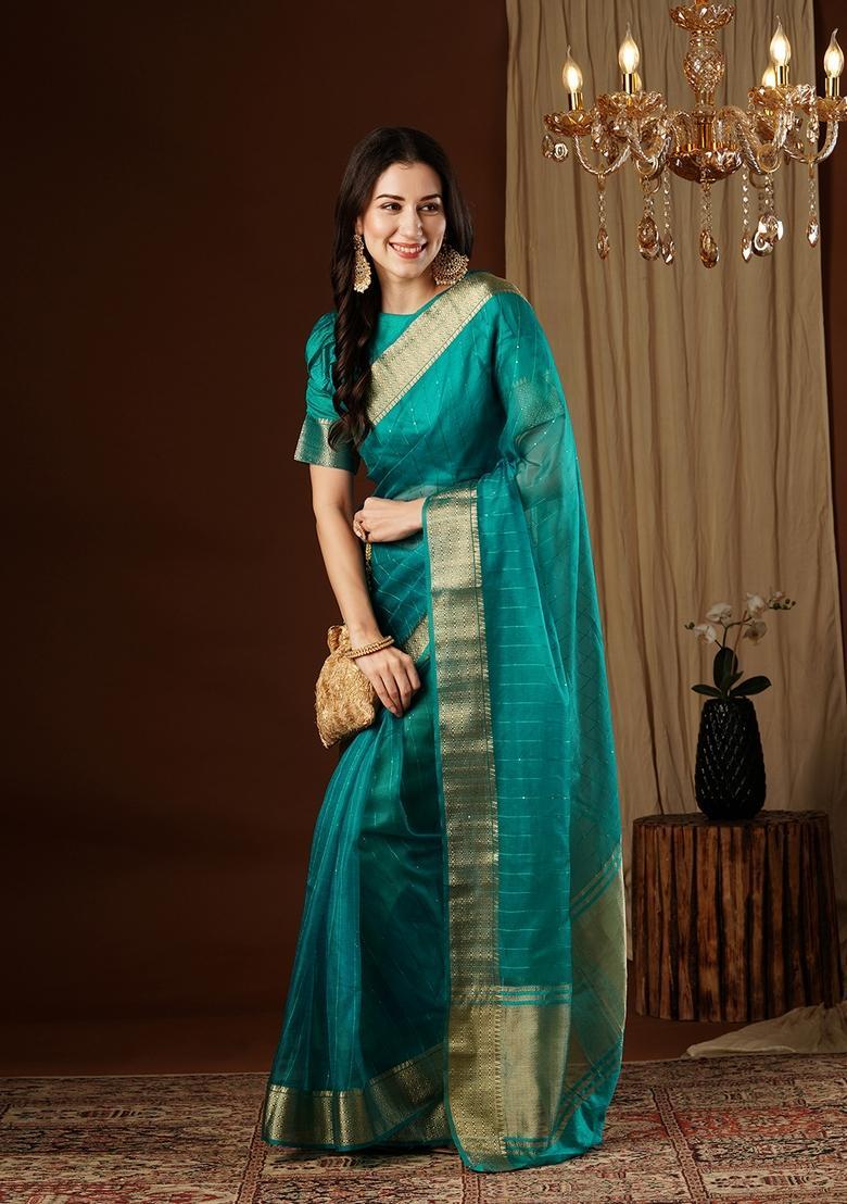 Blue Zari Work Organza Saree Set - Indya