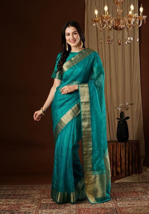 Blue Zari Work Organza Saree Set