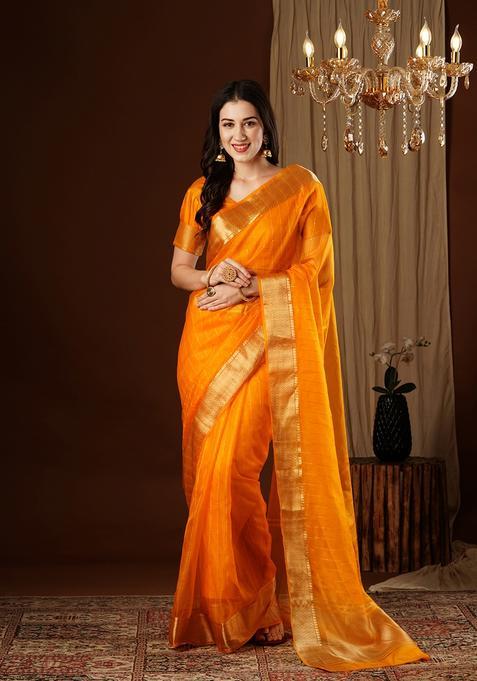 Mustard Zari Work Organza Saree Set