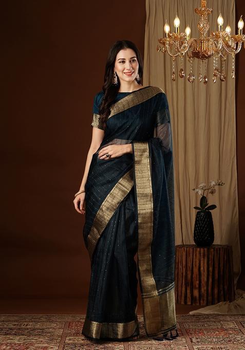 Navy Blue Zari Work Organza Saree Set