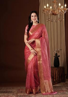 Peach Zari Work Organza Saree Set