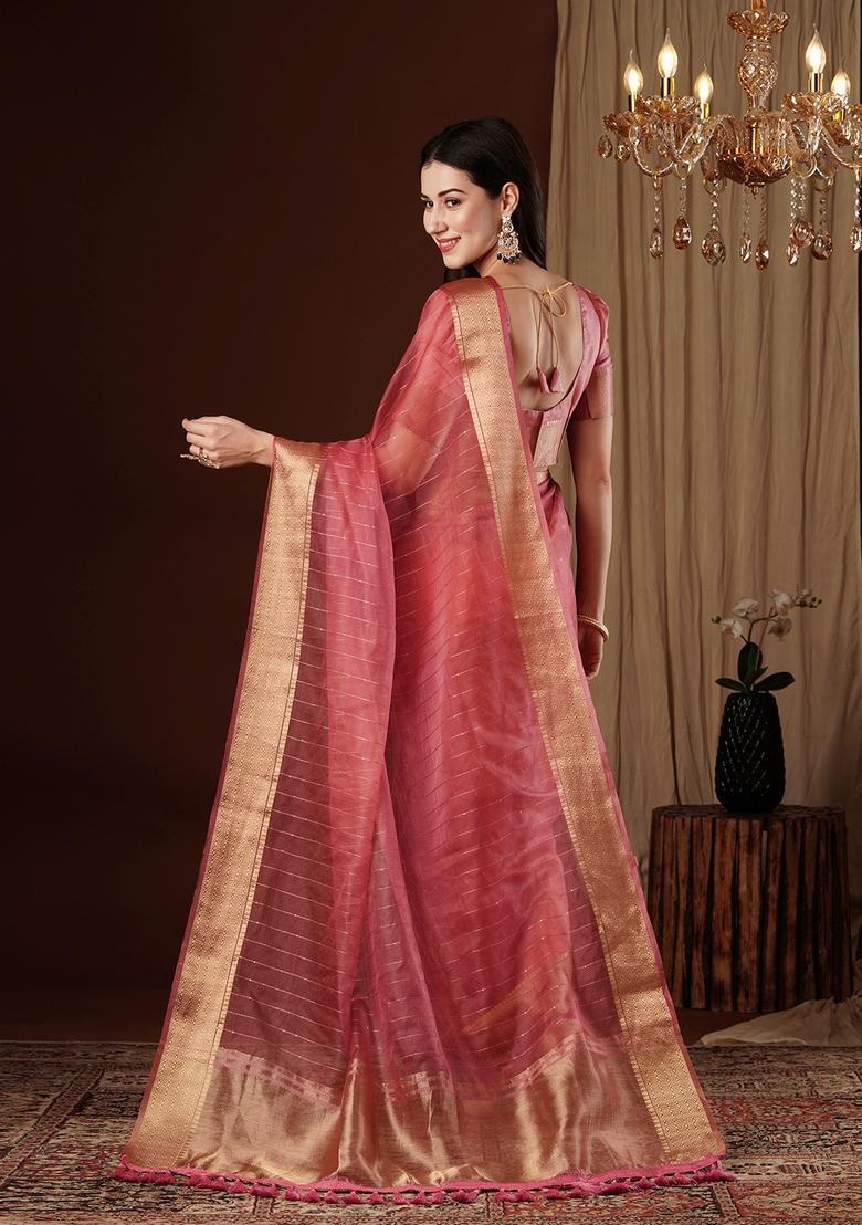 Peach Zari Work Organza Saree Set - Indya