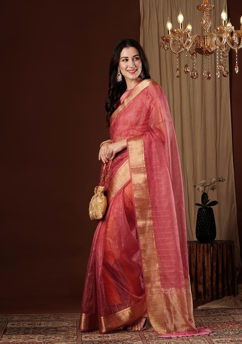 Peach Zari Work Organza Saree Set - Indya