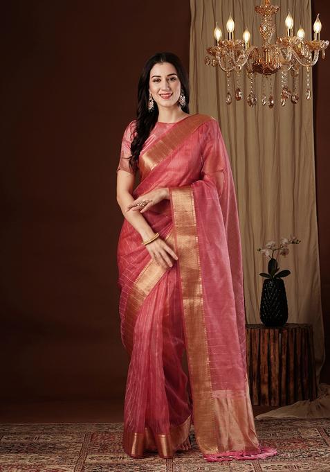 Peach Zari Work Organza Saree Set