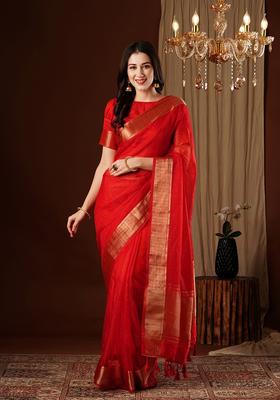 Red Zari Work Organza Saree Set