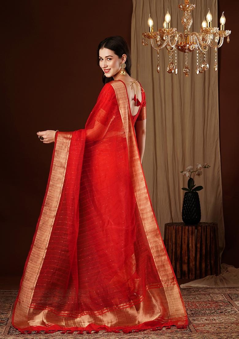 Red Zari Work Organza Saree Set - Indya