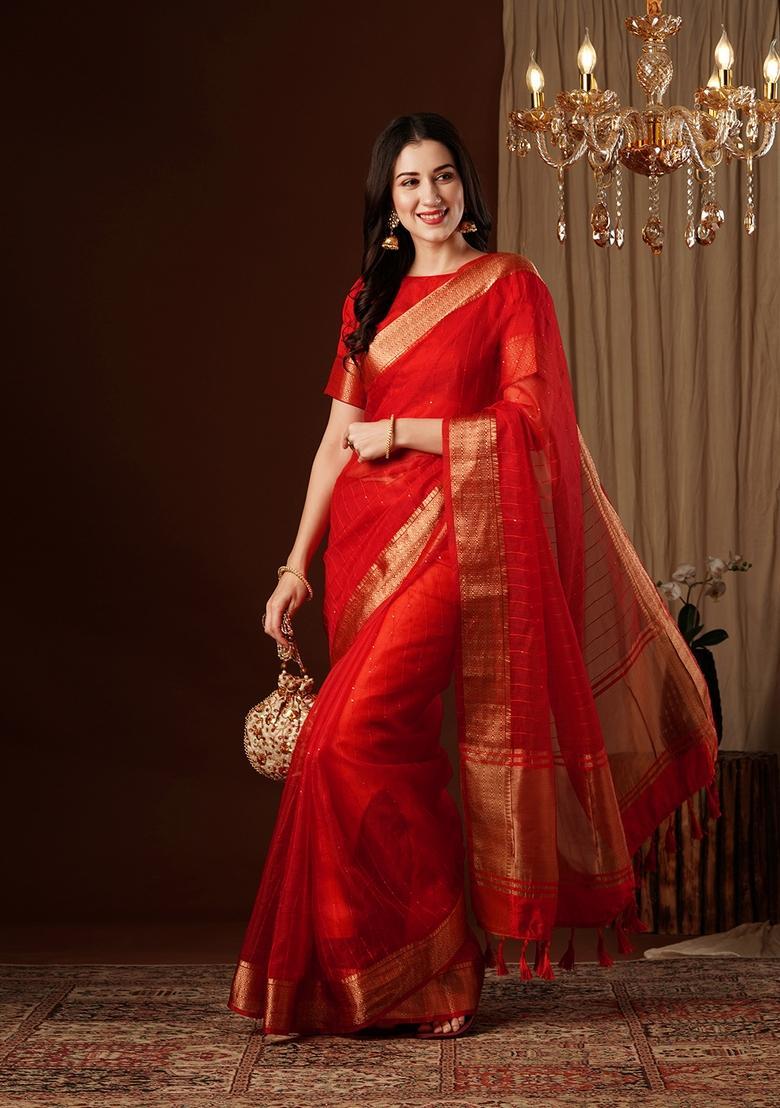 Red Zari Work Organza Saree Set - Indya