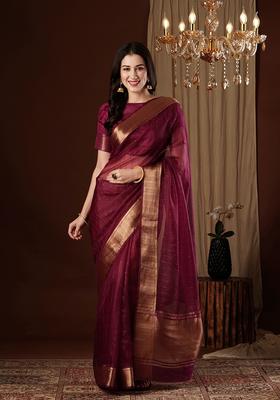 Wine Zari Work Organza Saree Set