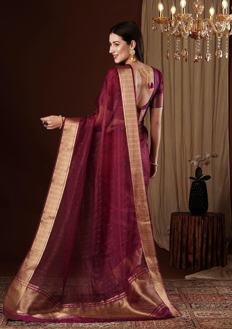 Wine Zari Work Organza Saree Set - Indya