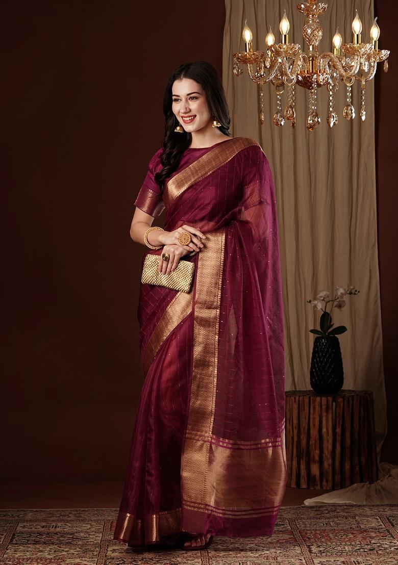 Wine Zari Work Organza Saree Set - Indya