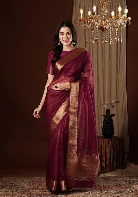 Wine Zari Work Organza Saree Set