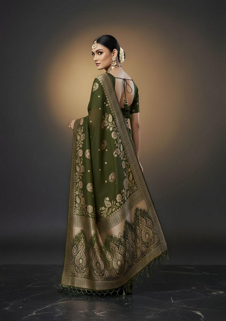 Green Zari Work Crepe Saree Set - Indya