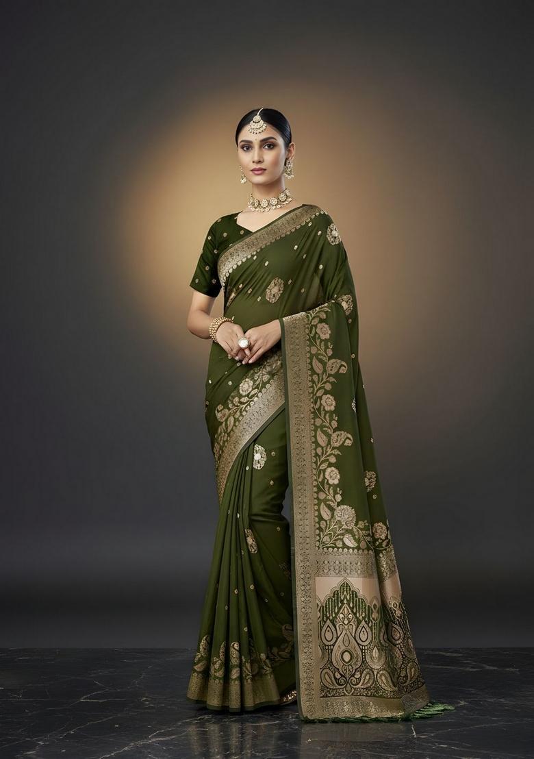 Green Zari Work Crepe Saree Set - Indya