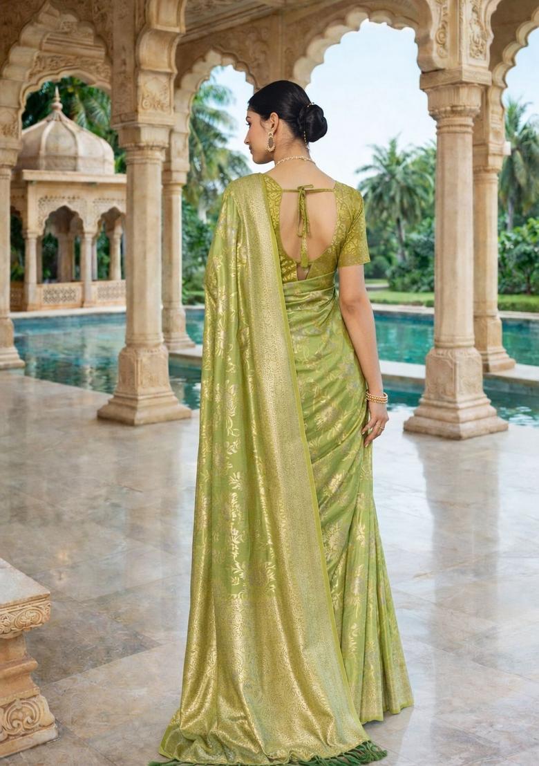 Olive Zari Work Crepe Saree Set - Indya