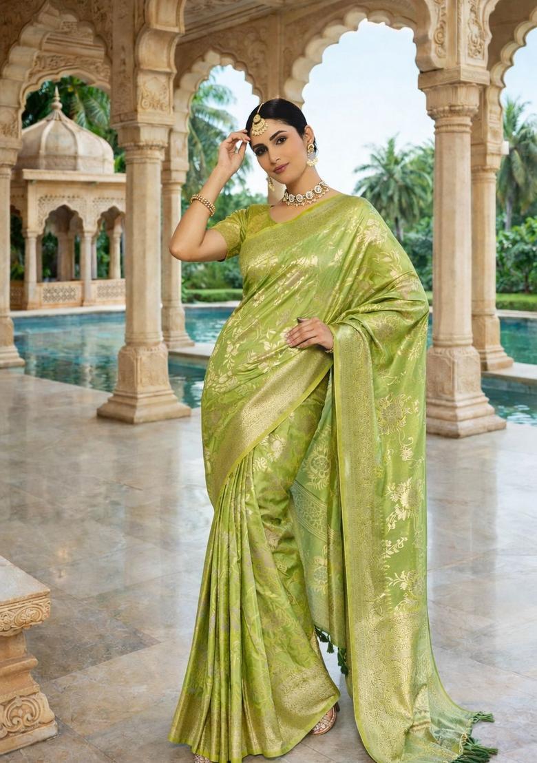 Olive Zari Work Crepe Saree Set - Indya