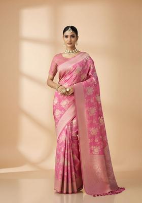 Pink Zari Work Crepe Saree Set