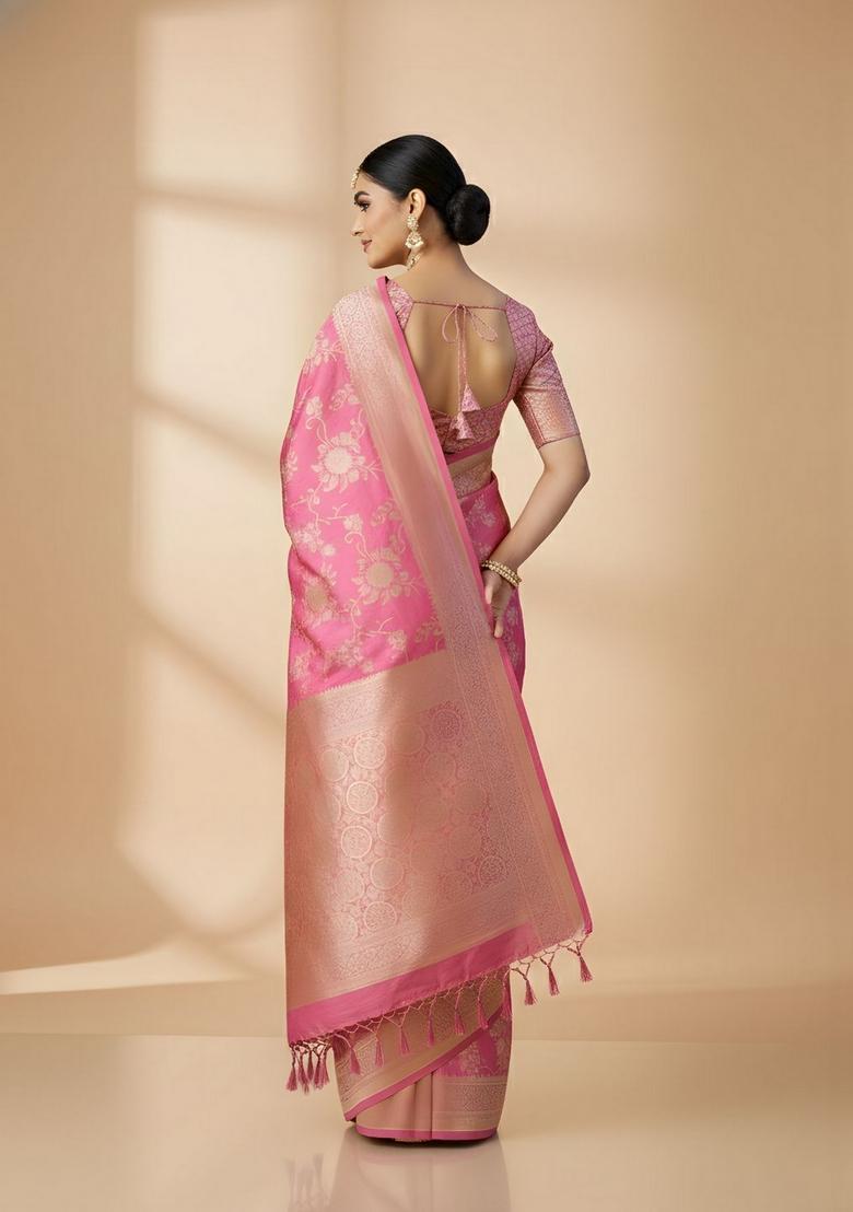 Pink Zari Work Crepe Saree Set - Indya