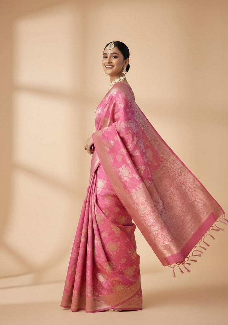 Pink Zari Work Crepe Saree Set - Indya