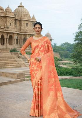 Peach Zari Work Crepe Saree Set