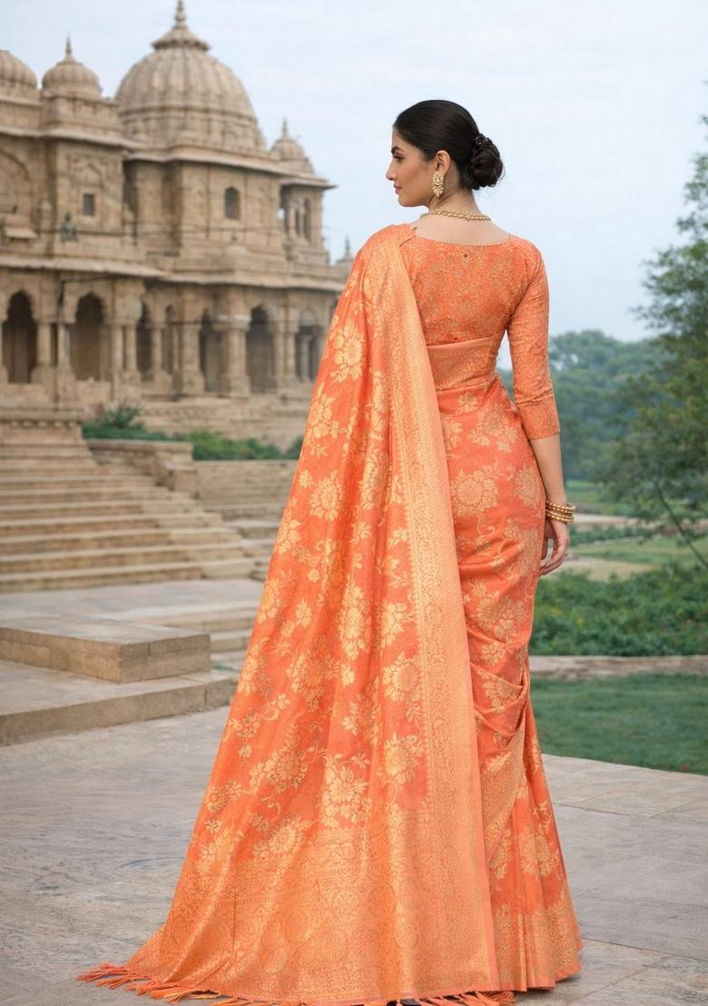Peach Zari Work Crepe Saree Set - Indya