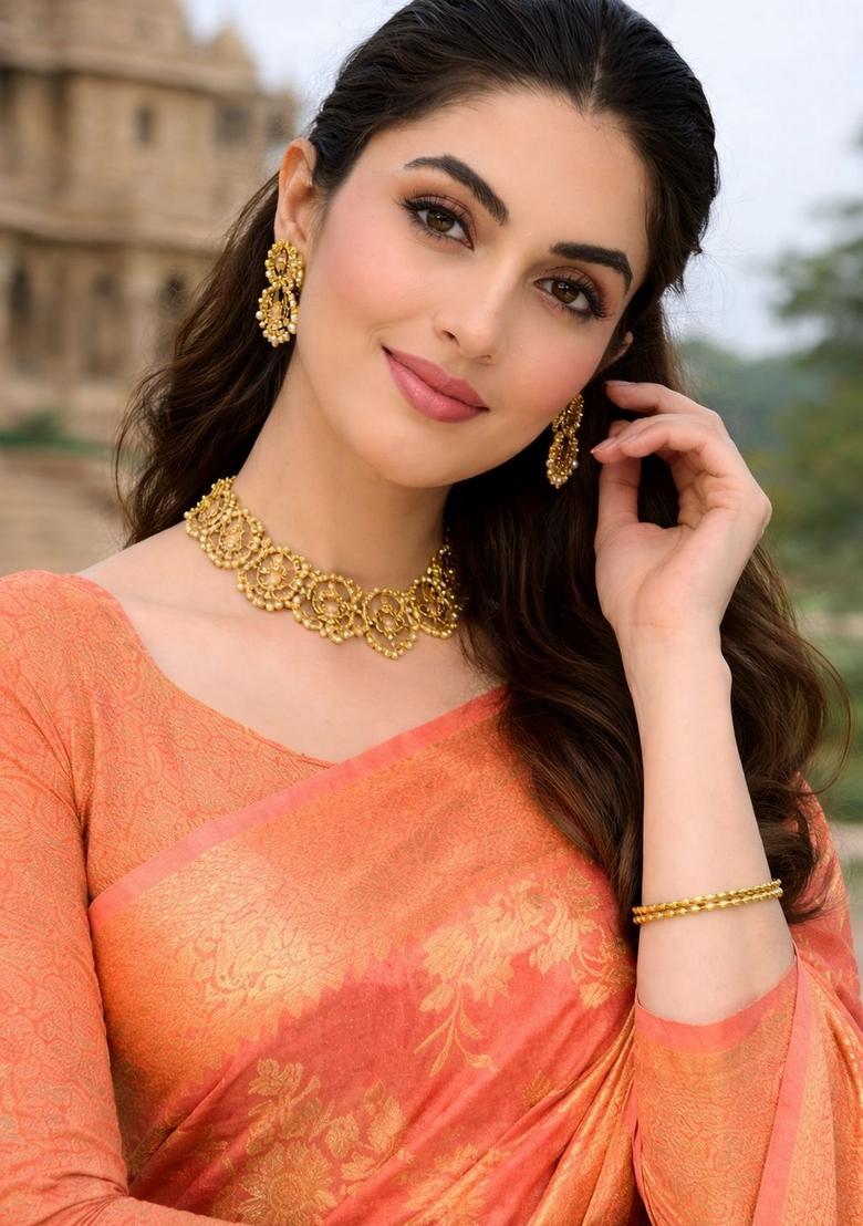 Peach Zari Work Crepe Saree Set - Indya