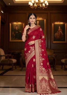 Red Zari Work Crepe Saree Set