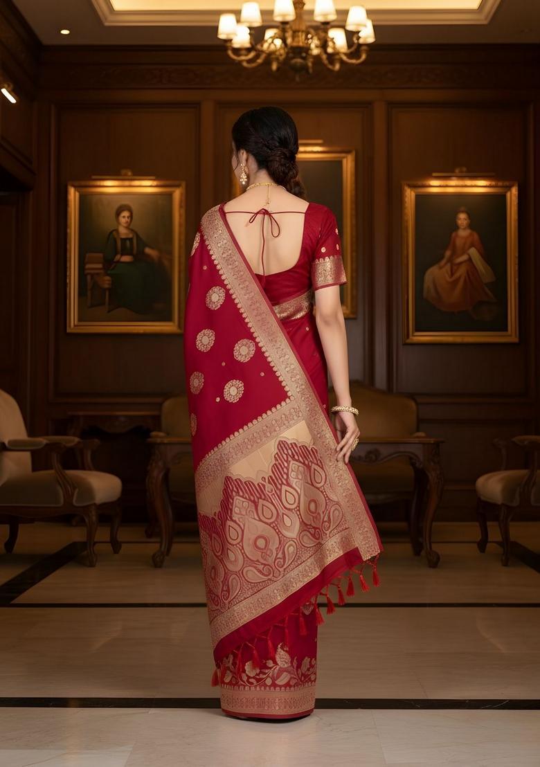 Red Zari Work Crepe Saree Set - Indya