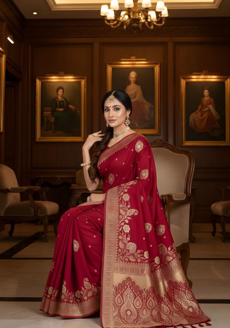 Red Zari Work Crepe Saree Set - Indya